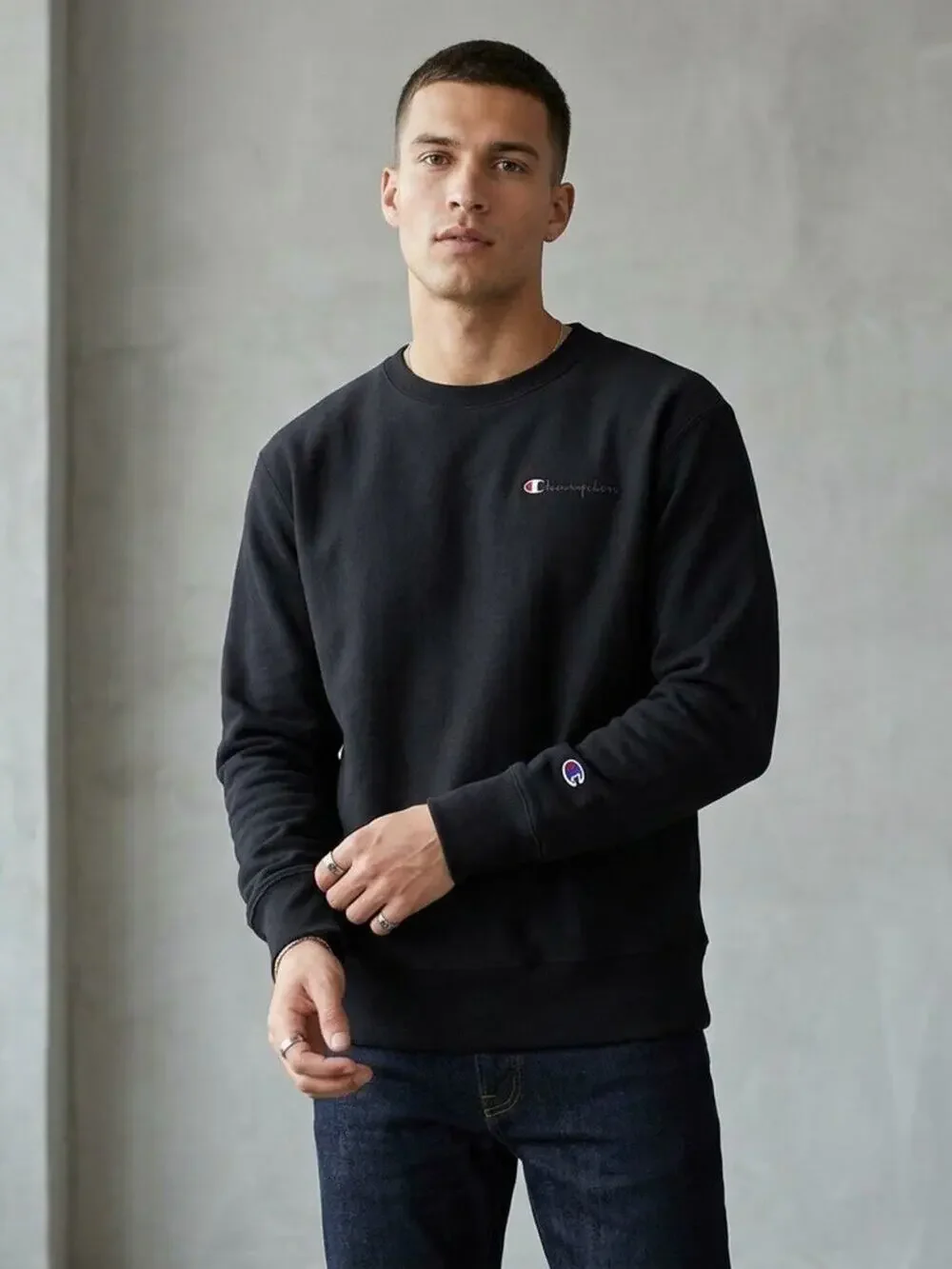 Champion Black Crewneck Sweatshirt Men's XL NWT Sleeve Logo Athleisure